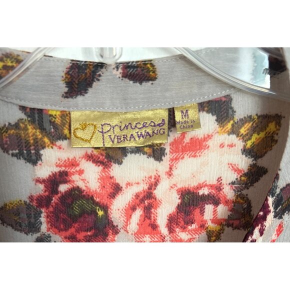 Princess Vera Wang Women Floral Button-Down Blouse Size M Gray/Red Pattern - Picture 2 of 7
